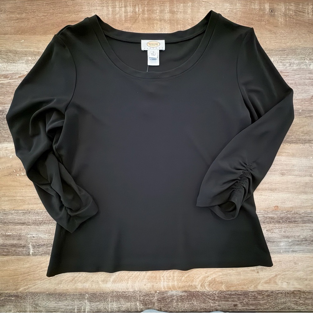 Talbots Black Round Neckline 3/4 Long Detail Sleeve Top, Size Medium Petite NWT